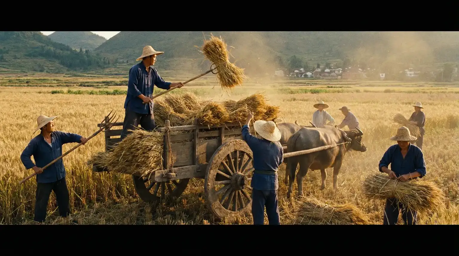 丰收季节农民装车运粮 - 老汉推车| 秋收场景